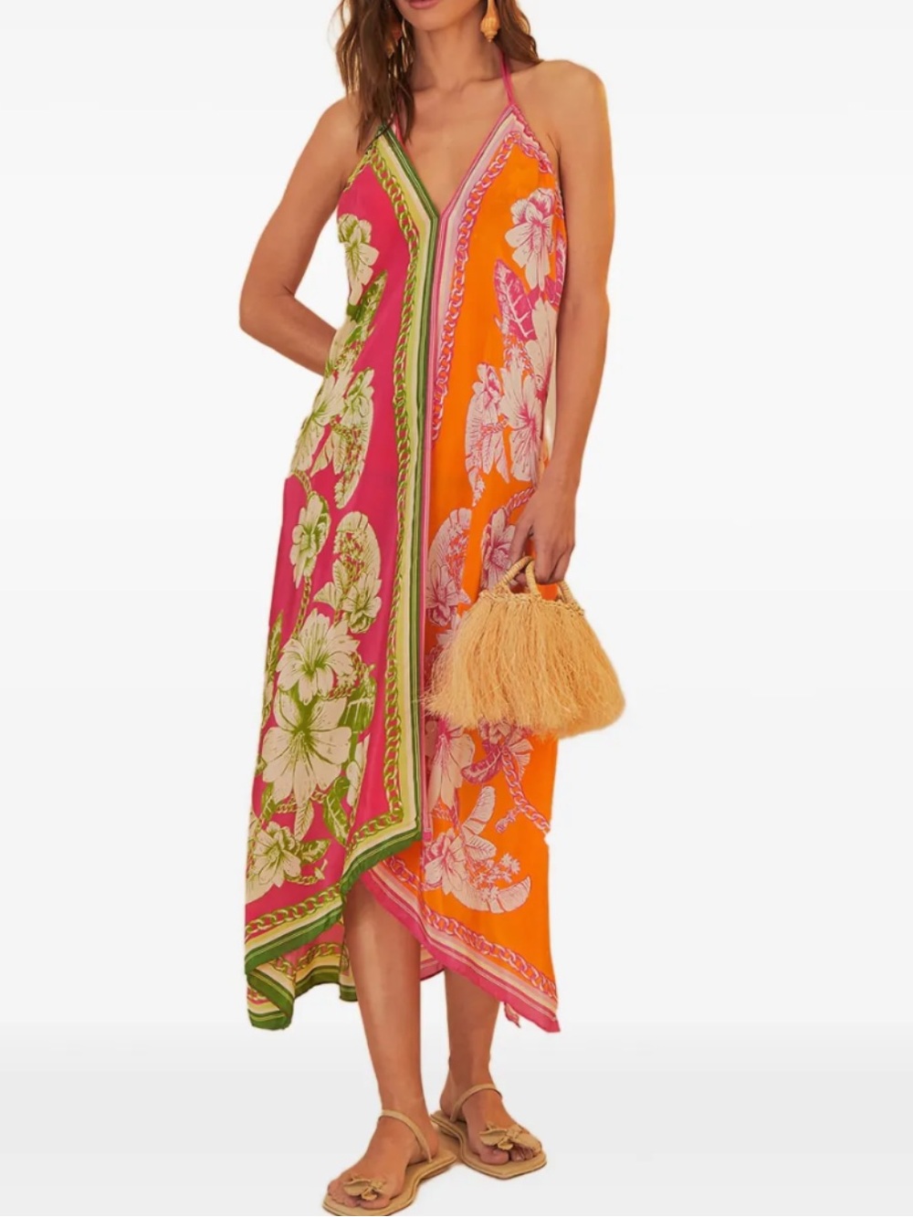 FARM Rio Pink & Orange Floral Halter Maxi Dress